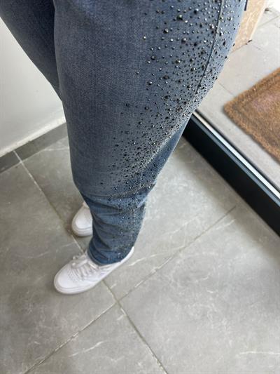 Mom Jeans Yandan Taş İşlemeli Kot Pantolon 0291