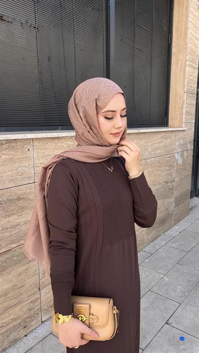 Nuss 509 Desenli Triko Elbise Kahve