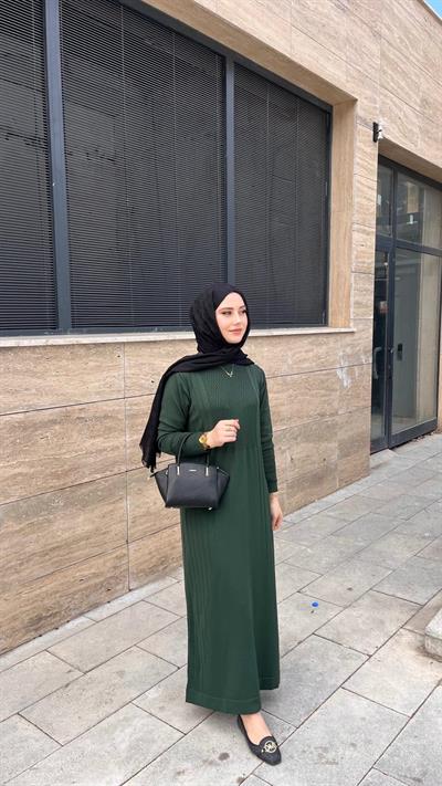 Nuss 509 Desenli Triko Elbise Zümrüt