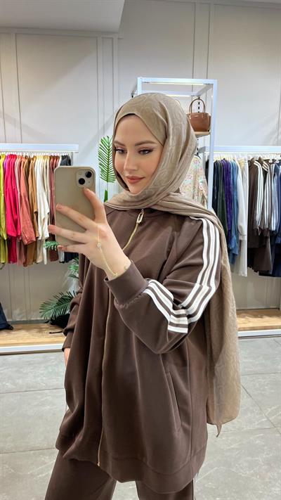 Nuss 1092 Şerit Detaylı Önden Full Fermuarlı Pantolonlu Takım Kahve