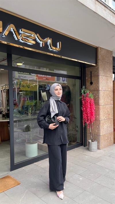 Nuss 1021 Kendinden Çizgili Pantolonlu Takım Siyah