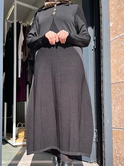 Nuss 1423 Polo Yaka Desenli Triko Elbise Siyah