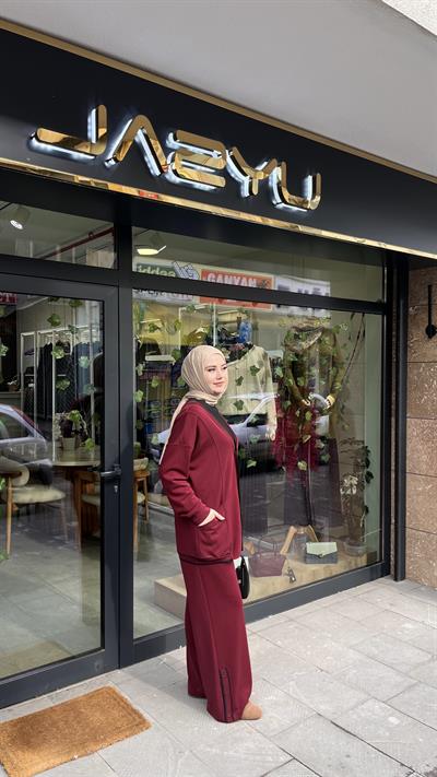 Tığ Triko 5035 Çizgi Detaylı Ribana Takım Bordo