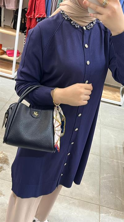 Nuss 300T Yakası Taş İşlemeli Merserize Tunik Lacivert