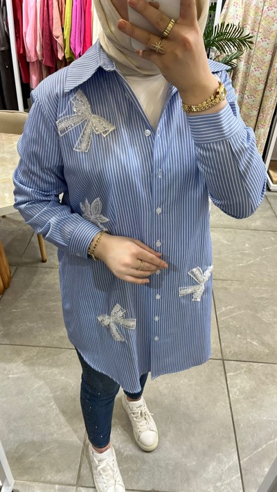 La Carte Yandan Damla Taş İşlemeli Mom Jeans Pantolon YT Mavi 0291