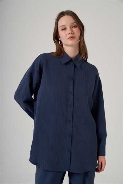 Nuss 1081 Kendinden Çİzgili Pantolonlu Takım Dark İndigo