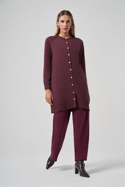 Nuss 300T Yakası Taş İşlemeli Merserize Tunik Bordo