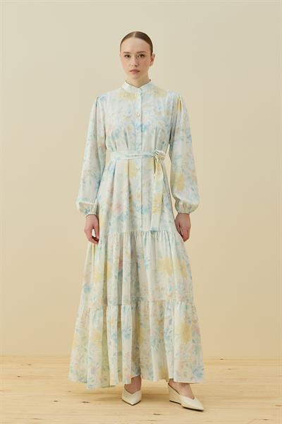 Merwish Çiçekli Yaz Elbise 1720 Ekru