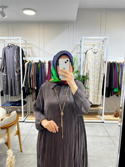 LissMore 5793 Kolye Detay Kırışık Elbise Kahve