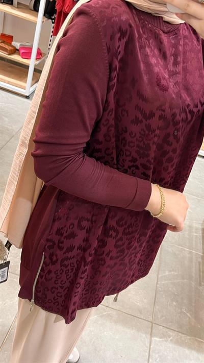 Nuss 3002 Leopar Jakar Detay Merserize Tunik Bordo