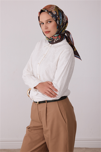 Belli Kahverengi Çiçek Deseni %100 Twill İpek Eşarp 4415-35