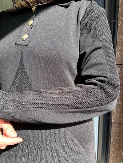 Nuss 1423 Polo Yaka Desenli Triko Elbise Siyah