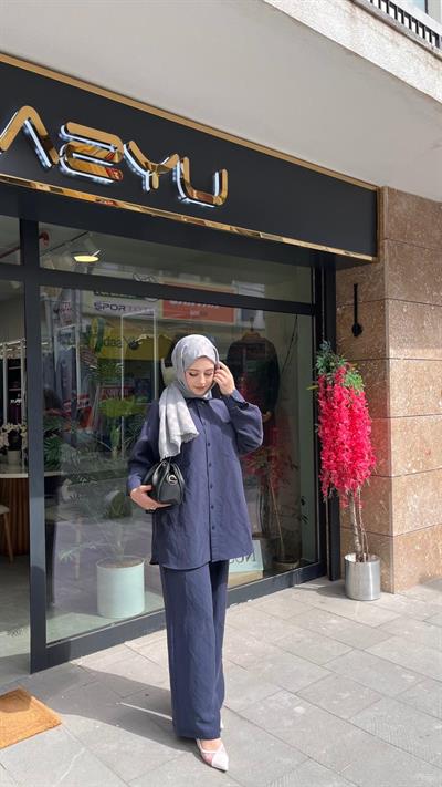 Nuss 1021 Kendinden Çizgili Pantolonlu Takım Lacivert