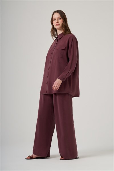 Nuss 1063 Tek Cep Kapak Detaylı Tencel Kumaş Gömlek Yaka Pantolonlu Takım Mürdüm