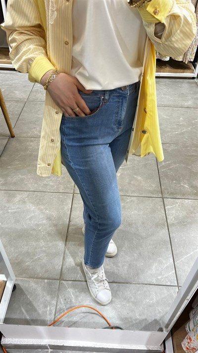 La Carte Mom Jeans Düz Kot Pantolon Orta Mavi-Kim 0291-D