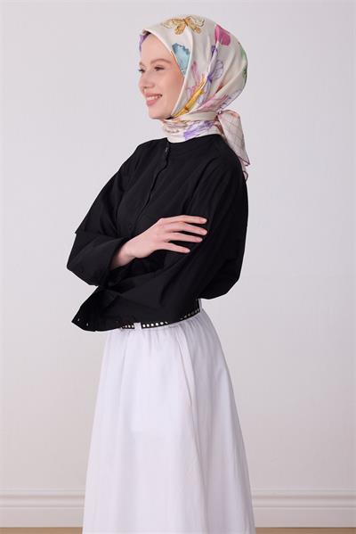 Belli Ekru Pembe Obje Desen %100 Twill İpek Eşarp 4329-52