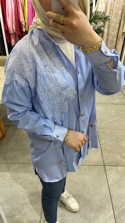 Qmash Nakış Detaylı Çizgili Gömlek Mavi 9189