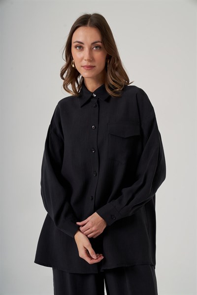 Nuss 1063 Tek Cep Kapak Detaylı Tencel Kumaş Gömlek Yaka Pantolonlu Takım Siyah