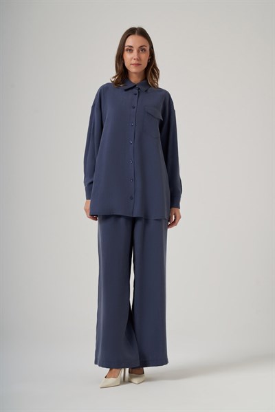 Nuss 1063 Tek Cep Kapak Detaylı Tencel Kumaş Gömlek Yaka Pantolonlu Takım İndigo