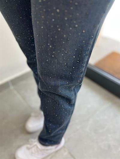 Mom Jeans Damla Taş İşlemeli Kot Pantolon Koyu Mavi 0291