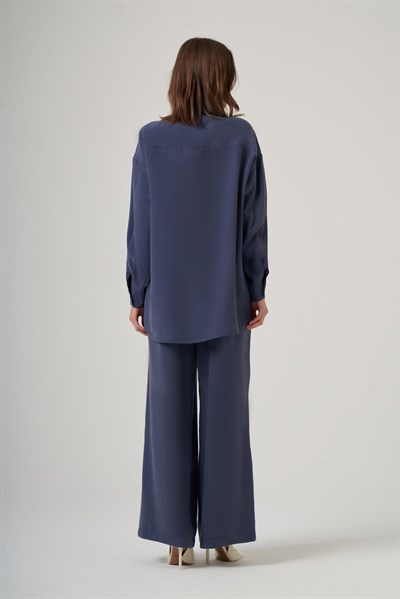 Nuss 1063 Tek Cep Kapak Detaylı Tencel Kumaş Gömlek Yaka Pantolonlu Takım İndigo