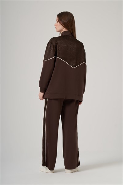 Nuss 1095 Saten Baskı Detaylı Pantolonlu Takım Kahve
