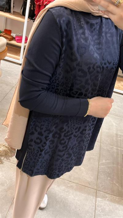 Nuss 3002 Leopar Jakar Detay Merserize Tunik Lacivert