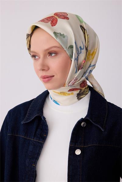 Belli Ekru Yeşil Obje Desen %100 Twill İpek Eşarp 4329-80