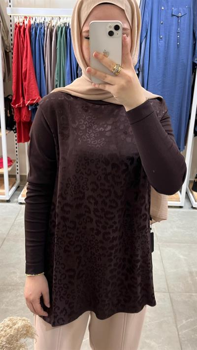 Nuss 3002 Leopar Jakar Detay Merserize Tunik Kahve