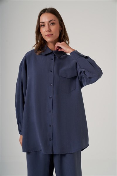 Nuss 1063 Tek Cep Kapak Detaylı Tencel Kumaş Gömlek Yaka Pantolonlu Takım İndigo
