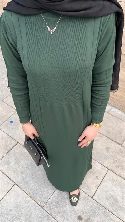 Nuss 509 Desenli Triko Elbise Zümrüt