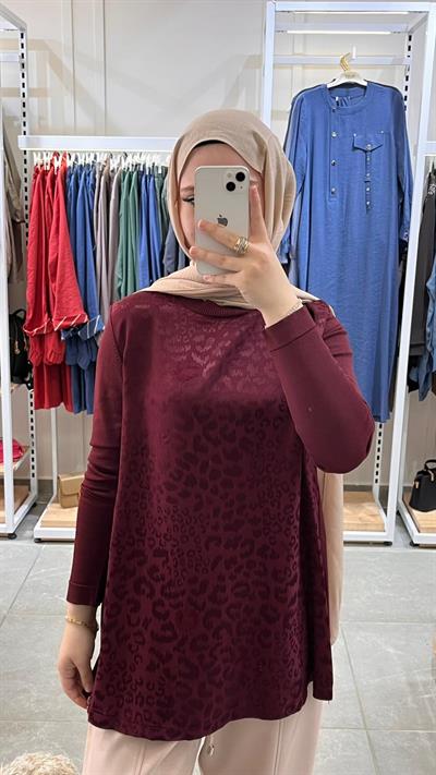 Nuss 3002 Leopar Jakar Detay Merserize Tunik Bordo