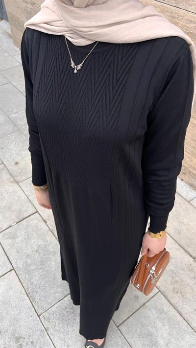 Nuss 509 Desenli Triko Elbise Siyah