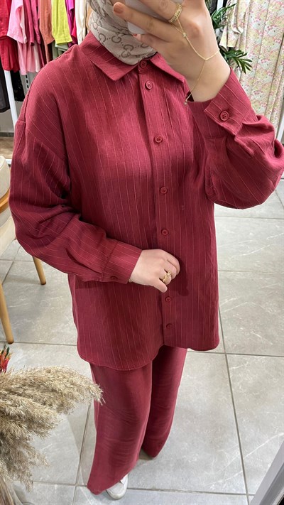 Nuss 1081 Kendinden Çİzgili Pantolonlu Takım Red Plum