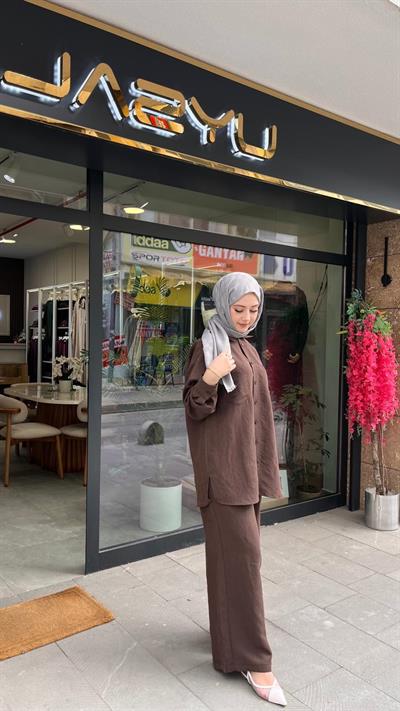 Nuss 1021 Kendinden Çizgili Pantolonlu Takım Kahve