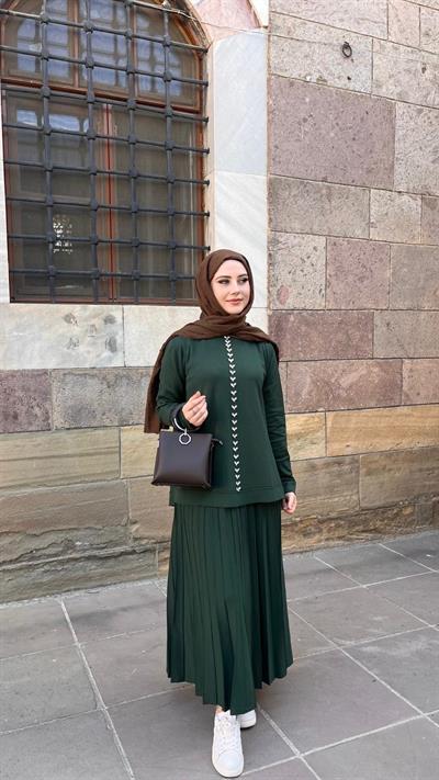 Nuss 1351 Taşlı Etekli Takım Yeşil