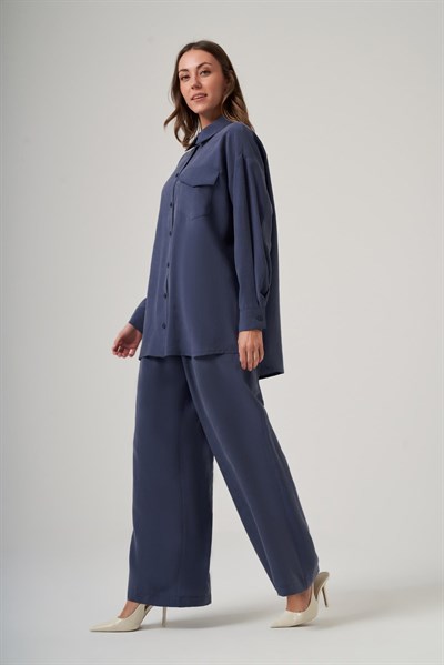 Nuss 1063 Tek Cep Kapak Detaylı Tencel Kumaş Gömlek Yaka Pantolonlu Takım İndigo