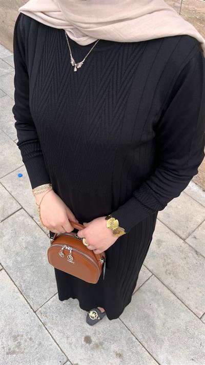 Nuss 509 Desenli Triko Elbise Siyah