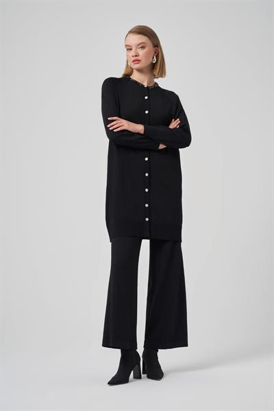 Nuss 300T Yakası Taş İşlemeli Merserize Tunik Siyah