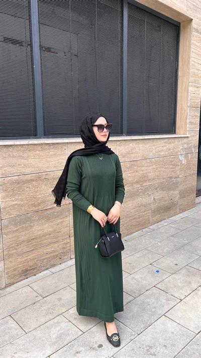 Nuss 509 Desenli Triko Elbise Zümrüt