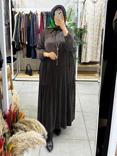 LissMore 5793 Kolye Detay Kırışık Elbise Kahve