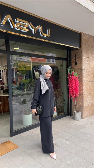 Nuss 1021 Kendinden Çizgili Pantolonlu Takım Siyah