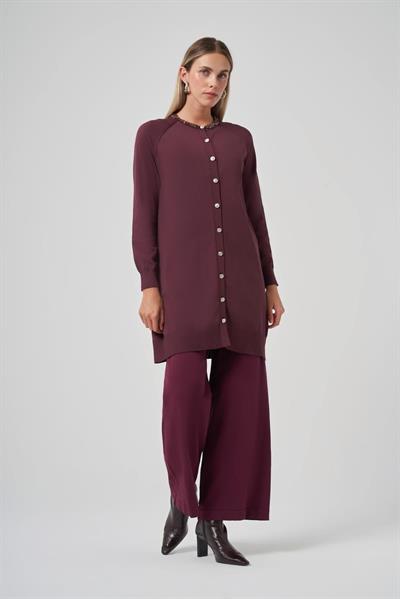 Nuss 300T Yakası Taş İşlemeli Merserize Tunik Bordo