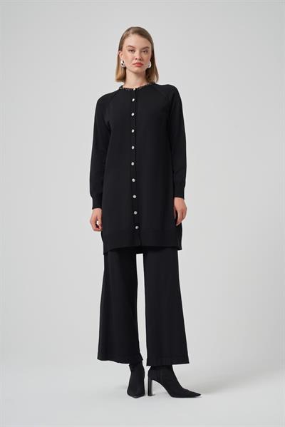 Nuss 300T Yakası Taş İşlemeli Merserize Tunik Siyah