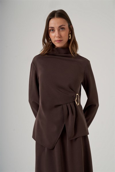 Nuss 1080 Gold Toka Detaylı Drapeli Balıkçı Yaka Etekli Takım Kahve