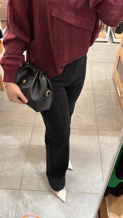 La Carte Kadın  Şerit Taşlı Bol Paça Pantolon Siyah