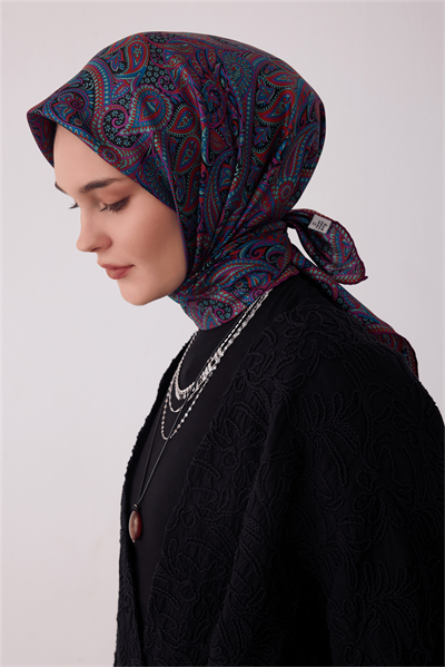 Belli Mor Etnik Desen %100 Twill İpek Eşarp 4404-31