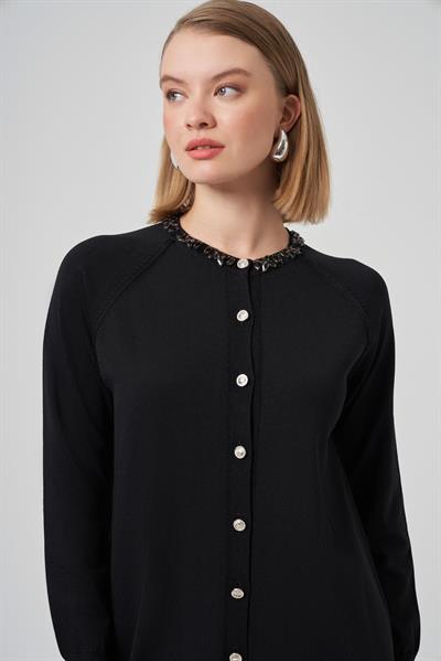 Nuss 300T Yakası Taş İşlemeli Merserize Tunik Siyah
