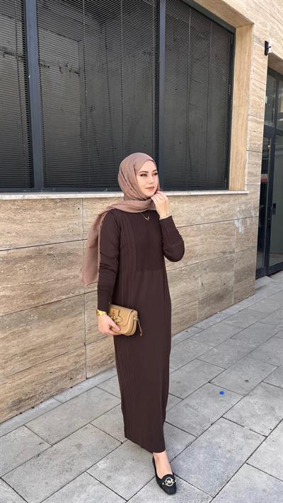 Nuss 509 Desenli Triko Elbise Kahve