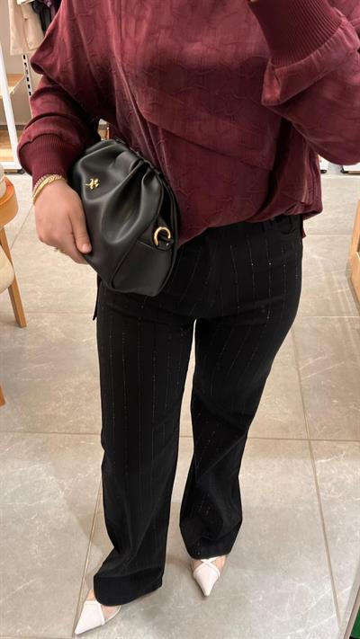 La Carte Kadın  Şerit Taşlı Bol Paça Pantolon Siyah